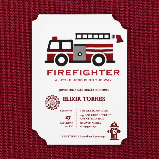 Minimalist Firefighter "Little Hero" Baby Shower Invitation (Creator Uploaded)