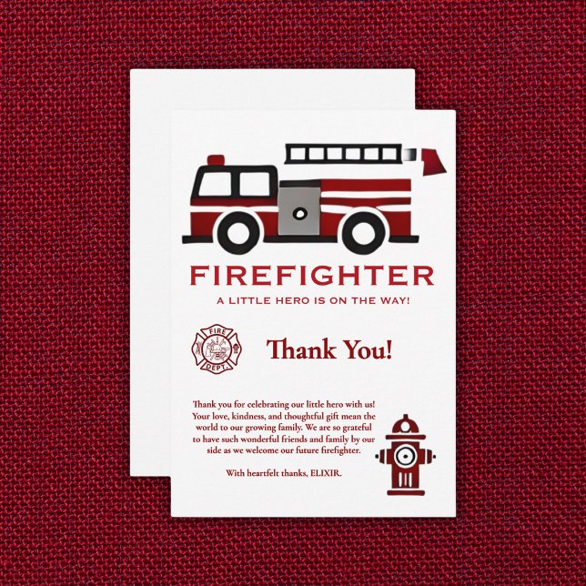 Minimalist Firefighter "Little Hero" Baby Shower Thank You Card (Creator Uploaded)