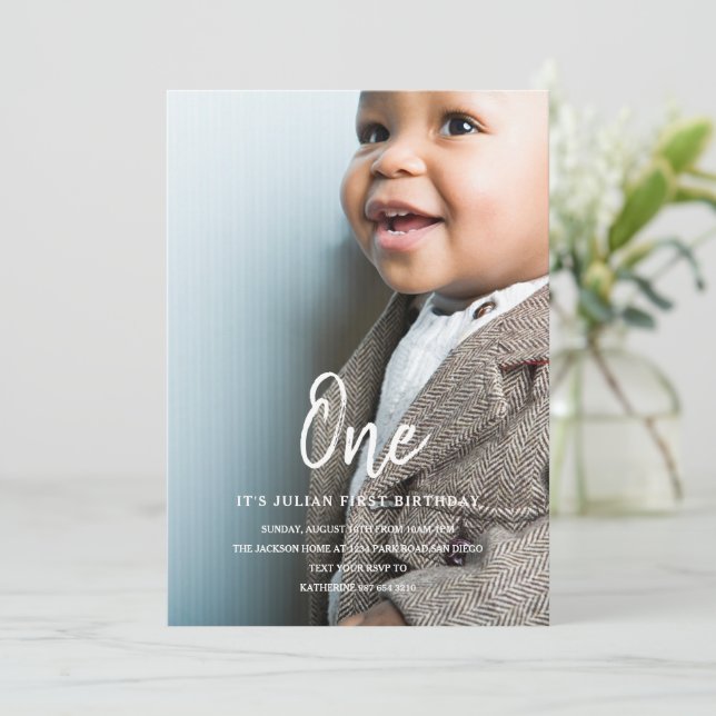 Minimalist First Birthday, Photo 1st Birthday Boy Invitation (Standing Front)