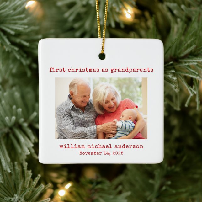 Minimalist First Christmas as Grandparents Photo Ceramic Ornament (Tree)