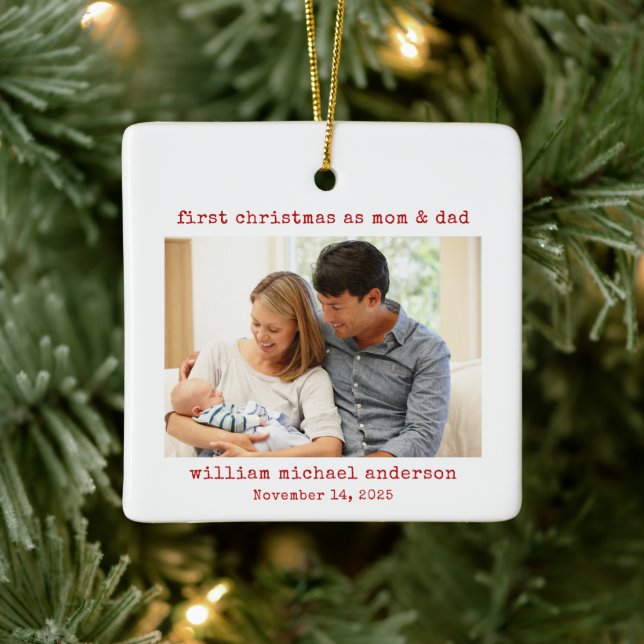 Minimalist First Christmas as Mum & Dad Photo Ceramic Ornament (Tree)