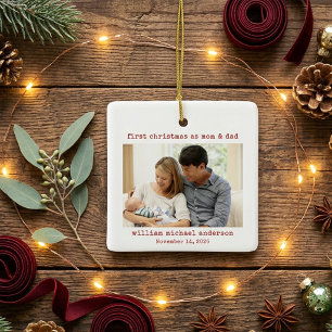 Minimalist First Christmas as Mum & Dad Photo Ceramic Ornament