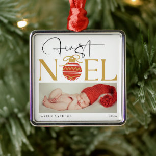 Minimalist First Christmas Baby Photo Metal Ornament