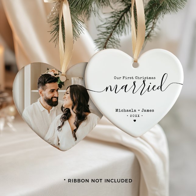 Minimalist First Christmas Married Names & Photo Ceramic Ornament (Creator Uploaded)