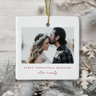 Minimalist First Christmas Married Photo Ceramic Ornament