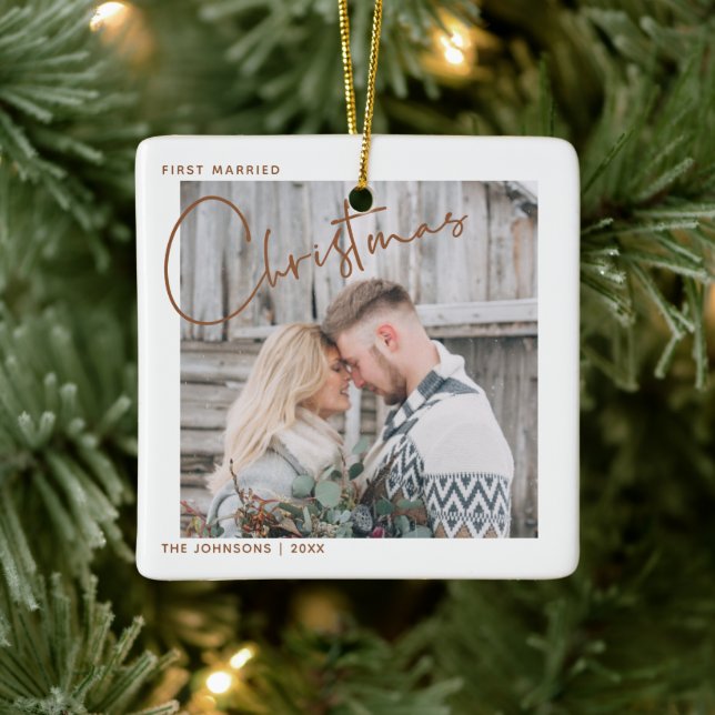 Minimalist First Married Christmas Script Photo Ceramic Ornament (Tree)