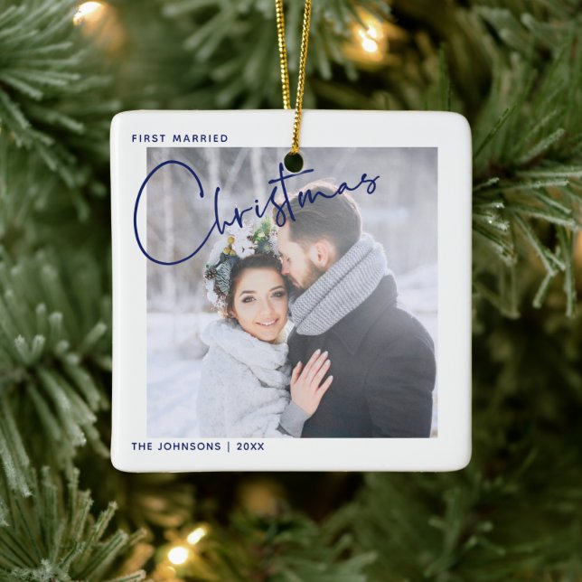 Minimalist First Married Christmas Script Photo Ceramic Ornament (Tree)