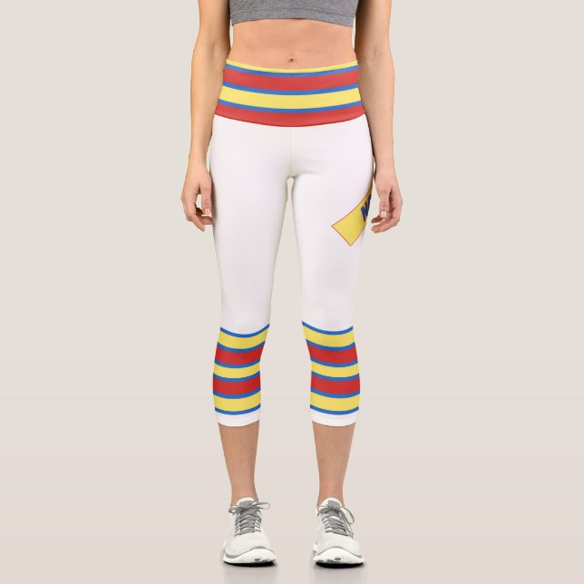 Minimalist, Five Retro Stripes, Blue Red Yellow on Capri Leggings (Front)