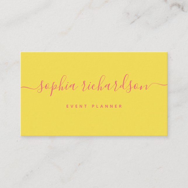 Minimalist Flair | Yellow with Pink Script Business Card (Front)