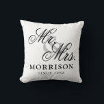 Minimalist Flemish Elegant Script Mr and Mrs Cushion<br><div class="desc">Flemish Minimalist Elegant Script Mr and Mrs Throw Pillow. This is a simple and minimalist design style pillow with an elegant flemish custom script,  you can add family name and wedding date,  established year,  etc. This is a perfect gift for newlyweds new home.</div>