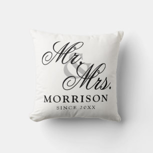 Minimalist Flemish Elegant Script Mr and Mrs Cushion