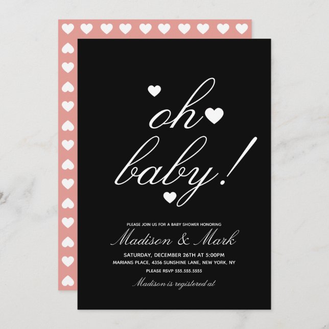 Minimalist Floating Hearts White Black Baby Shower Invitation (Front/Back)