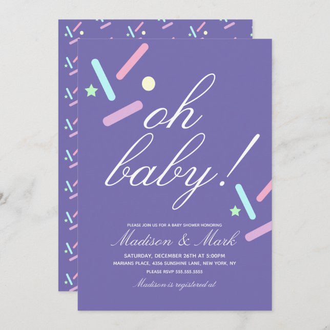 Minimalist Floating Sprinkles Purple  Baby Shower  Invitation (Front/Back)