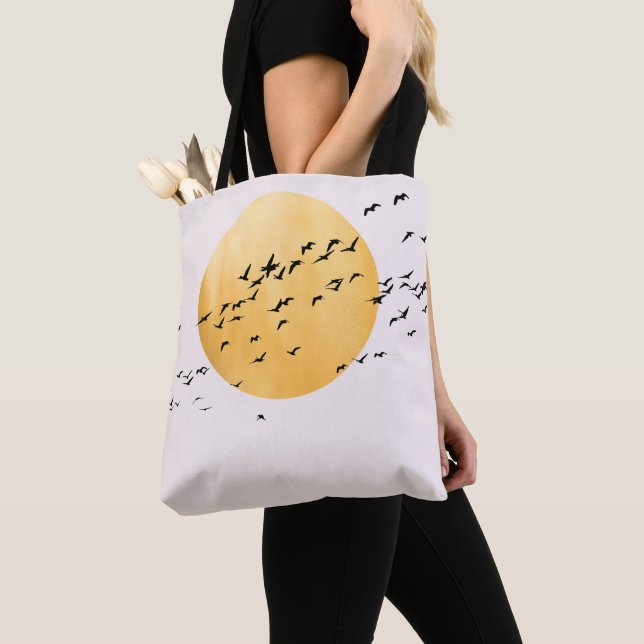 Minimalist Flock of Birds with Golden Sun Tote Bag (Close Up)