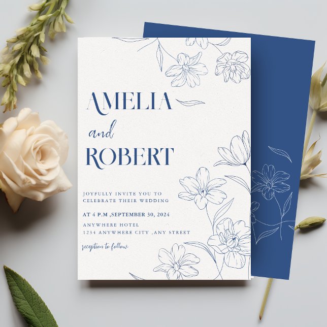 Minimalist floral and botanical Blue Wedding Invitation (Creator Uploaded)