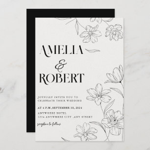 Minimalist floral Black and white Wedding Invitation
