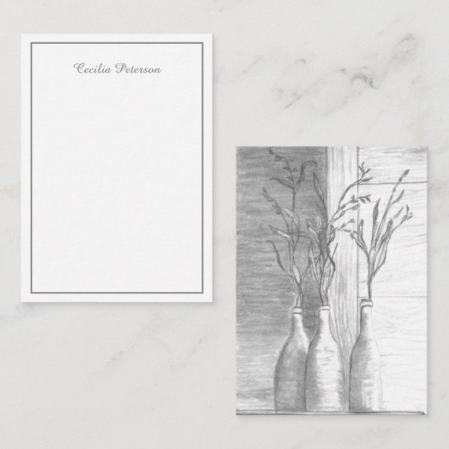 Minimalist Floral Black White Pencil Drawing  Card (Front/Back)