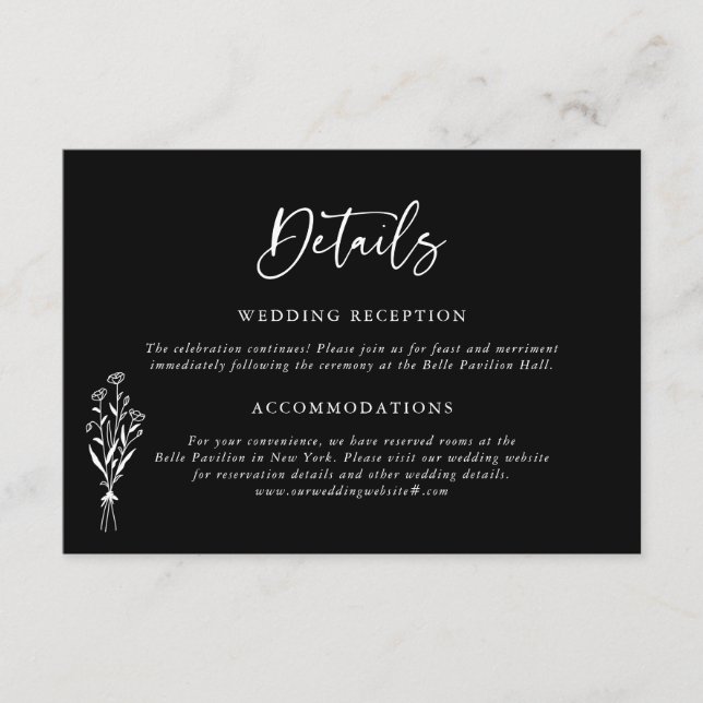 Minimalist Floral Bouquet Black Wedding Details Enclosure Card (Front)