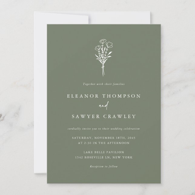 Minimalist Floral Bouquet Taupe Green Wedding Invitation (Front)
