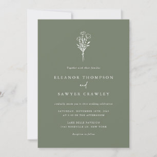 Minimalist Floral Bouquet Taupe Green Wedding Invitation