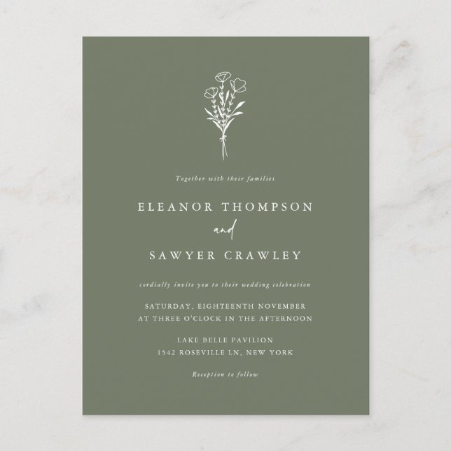 Minimalist Floral Bouquet Taupe Green Wedding Invitation Postcard (Front)