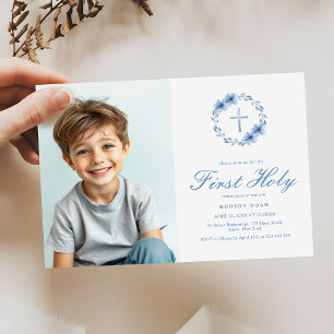 Minimalist Floral Cross Boys First Communion Invitation