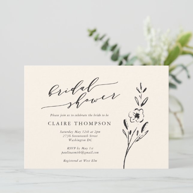 Minimalist Floral Drawing in Cream Bridal Shower Invitation (Standing Front)