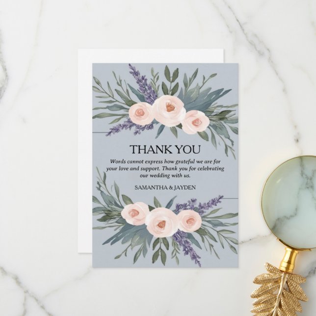 minimalist floral dusty blue wedding thank you card (Front/Back In Situ)
