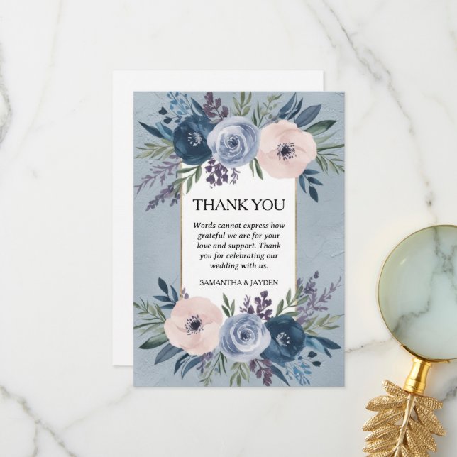 minimalist floral dusty blue wedding thank you card (Front/Back In Situ)