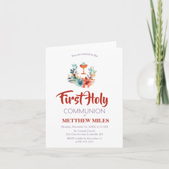 Minimalist floral first catholic communion invitation (Front)