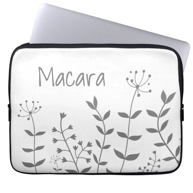 Minimalist floral grey white with name laptop sleeve (Front)