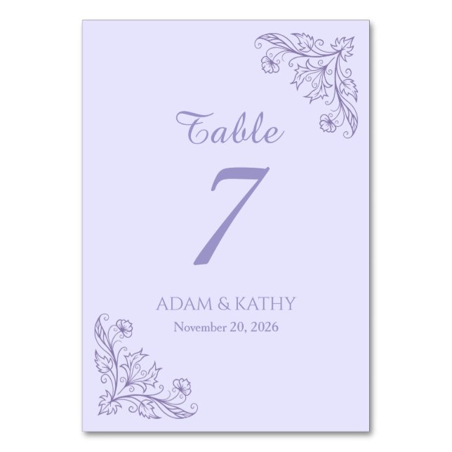 Minimalist Floral Lavender Wedding Table Numbers (Front)