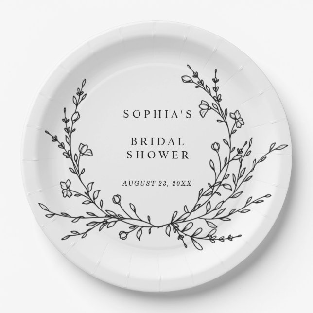Minimalist Floral Line Art Bridal Shower Paper  Plate (Front)