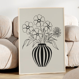 Minimalist Floral Line Art Drawing Neutral Black  Poster