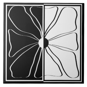 Minimalist Floral Line Art in Black and White Ceramic Tile