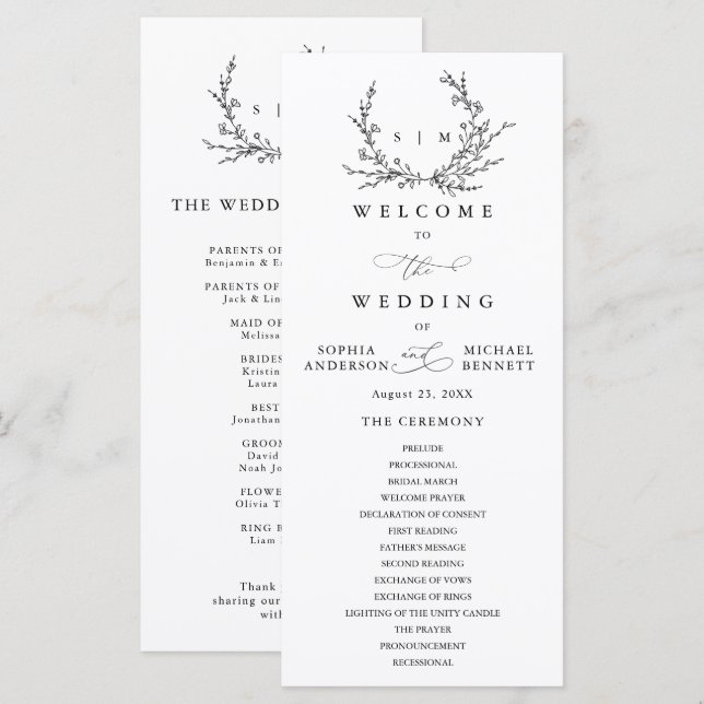 Minimalist Floral Line Art Wedding Program (Front/Back)