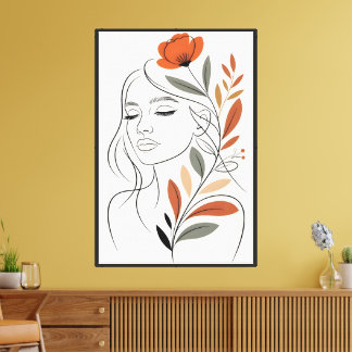 Minimalist Floral Line Art Woman Wall Painting Canvas Print