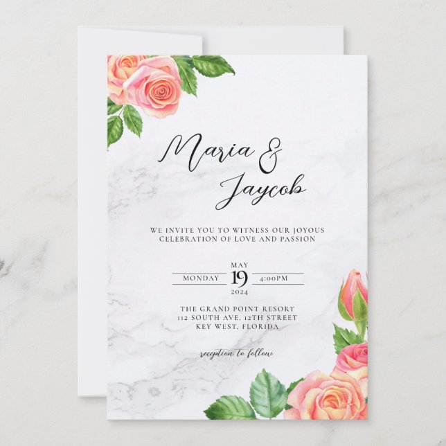 Minimalist Floral Marble Wedding Invitation (Front)