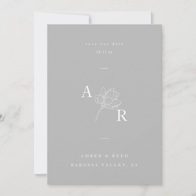 Minimalist Floral Monogram Elegant Grey Save The Date (Front)