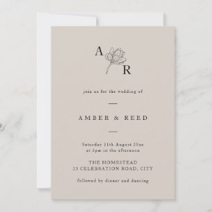 Minimalist Floral Monogram Elegant Simple Neutral Invitation