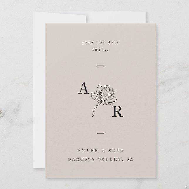 Minimalist Floral Monogram Elegant Simple Neutral Save The Date (Front)
