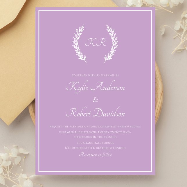 Minimalist Floral Monogram Purple Lavender  Invitation (Creator Uploaded)