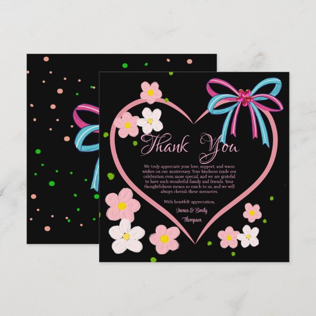 Minimalist Floral Pink & Black Wedding Anniversary Thank You Card (Front/Back)