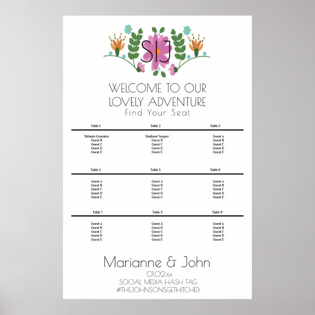 Minimalist Floral Pink Wedding Logo Seating Chart (Front)
