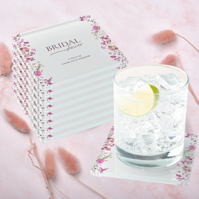 Minimalist Floral Ruby Rose Bridal Shower  Glass Coaster (Creator Uploaded)