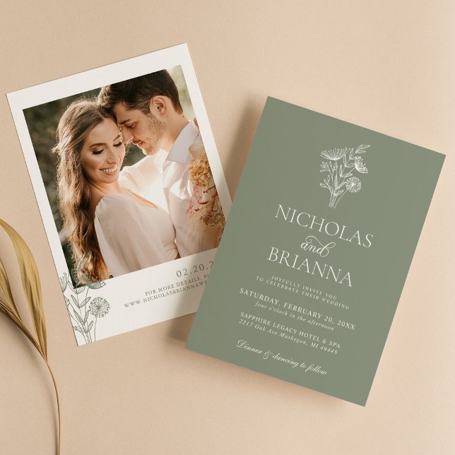 Minimalist Floral Sage Green Modern Wedding Photo Invitation (Creator Uploaded)