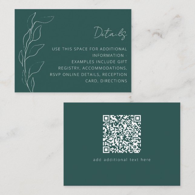 Minimalist Floral Teal Wedding Custom QR Code Enclosure Card (Front/Back)