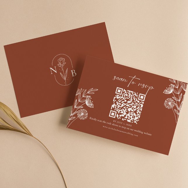 Minimalist Floral Terracotta Wedding QR Code RSVP Card (Creator Uploaded)