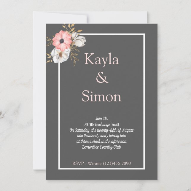 Minimalist Floral Watercolor Grey Wedding  Invitation (Front)