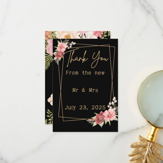 Minimalist Floral Wedding | Black & White Elegant  Thank You Card (Front/Back In Situ)